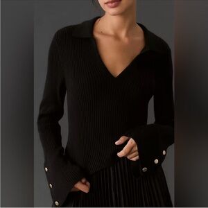 Anthropologie Maeve Bell-Sleeve Polo Sweater Black Size Small Ribbed fitted